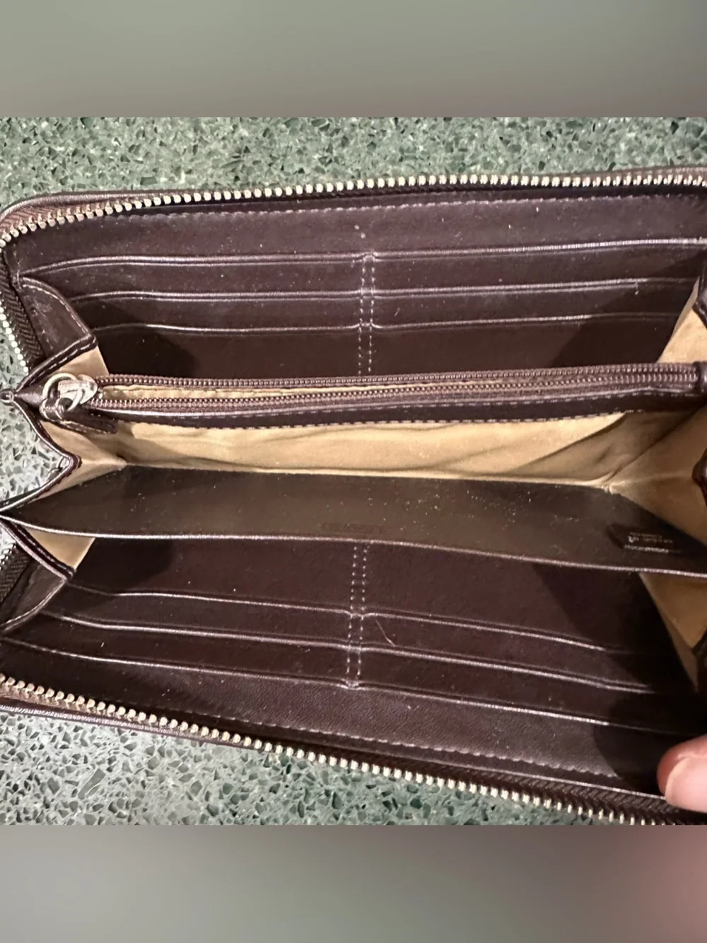 Coach Signature Canvas Zip Around Wallet Brown Tan Logo Print